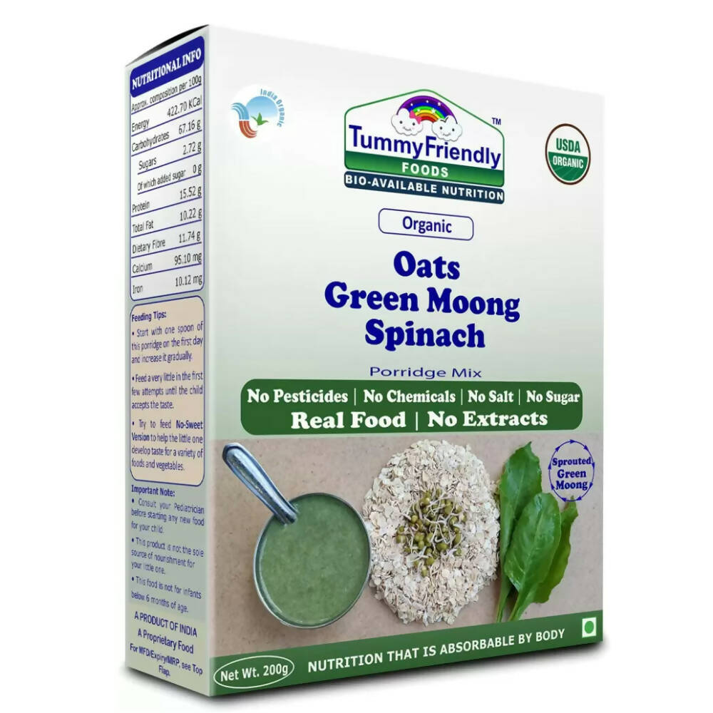 TummyFriendly Foods Certified Organic Oats, Green Moong, Spinach Porridge Mix for 8 Months Old - Distacart
