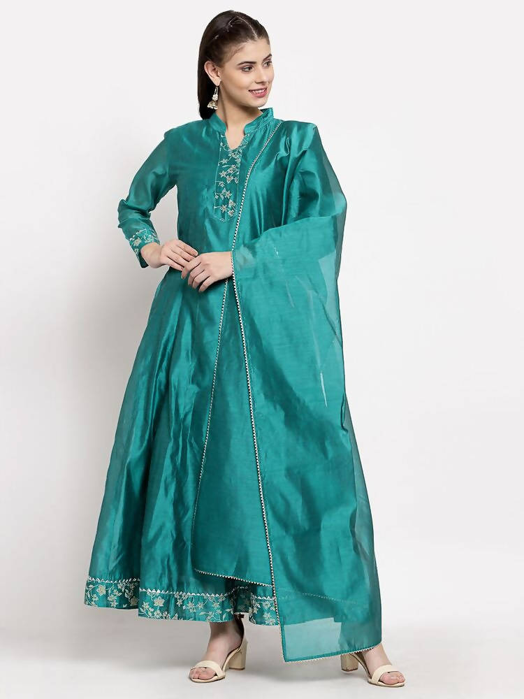 Myshka Women's Green Silk Solid Full Sleeve Mandarin Neck Casual Anarkali Gown