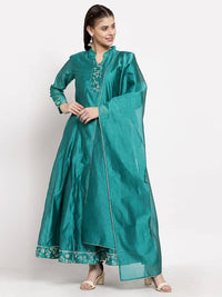 Thumbnail for Myshka Women's Green Silk Solid Full Sleeve Mandarin Neck Casual Anarkali Gown
