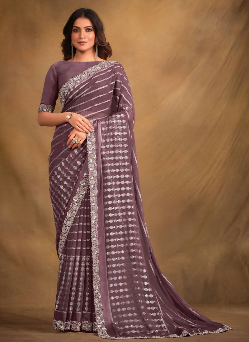 Lavender Georgette Kasab Designer Saree with Unstitched Blouse - Norita Mahitha - Distacart
