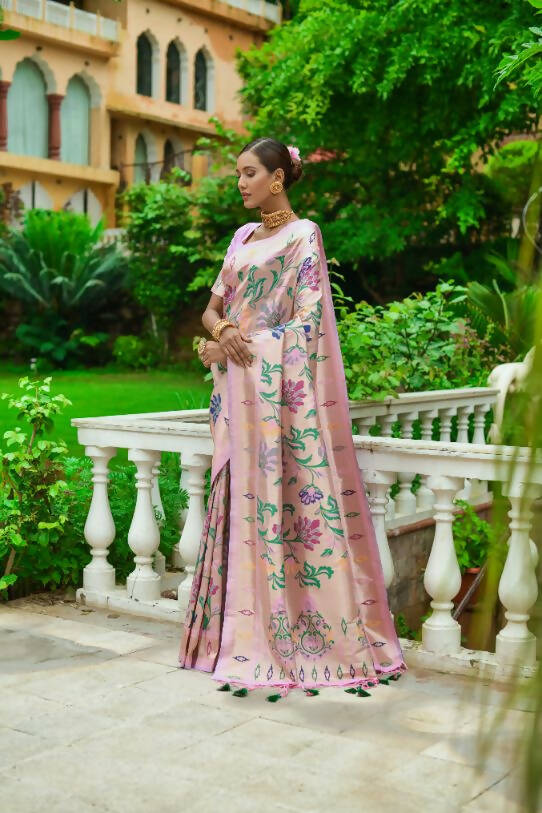 Vishnu Weaves Women's Baby Pink Paithani Silk Zari Woven Saree with Unstitched Blouse - Distacart