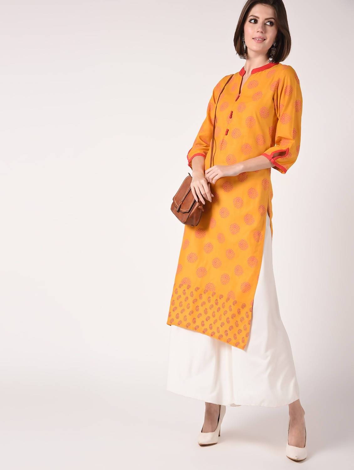 Cheera Hand Block Print Mustard Color Straight Kurta