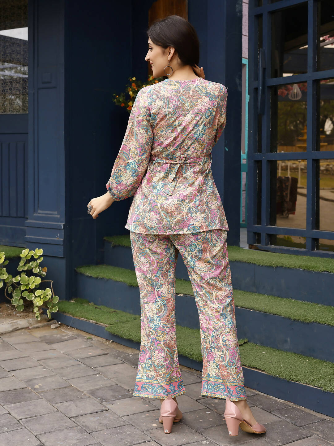 Pink Rayon Paisley & Floral Printed Top with Matching Bottom - Eesha - Distacart