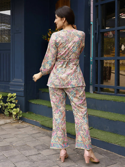 Pink Rayon Paisley & Floral Printed Top with Matching Bottom - Eesha - Distacart