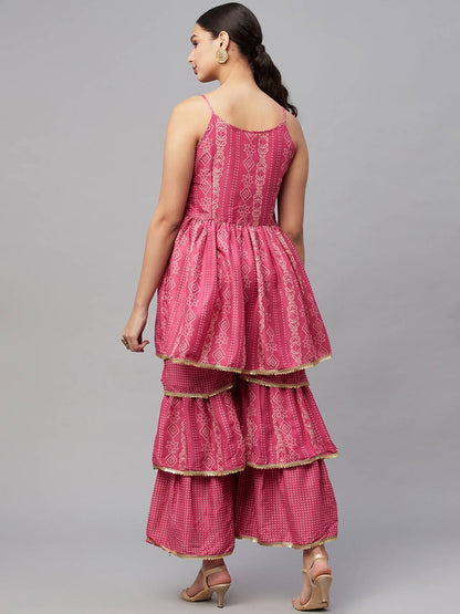 Myshka Pink Printed Sleeveless V Kurti Sharara Set - Distacart