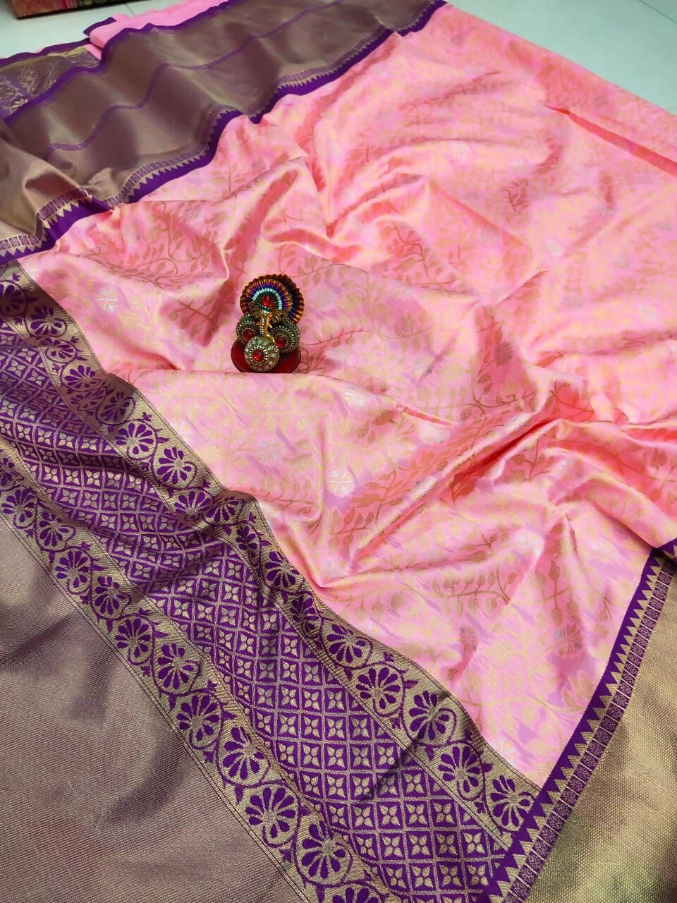 DEIANA'S Beautiful Golden Jari with New Design Soft Lichi Silk Saree - Pink - Distacart