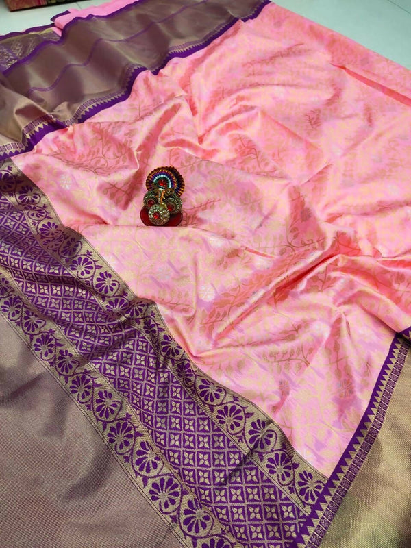 DEIANA'S Beautiful Golden Jari with New Design Soft Lichi Silk Saree - Pink - Distacart