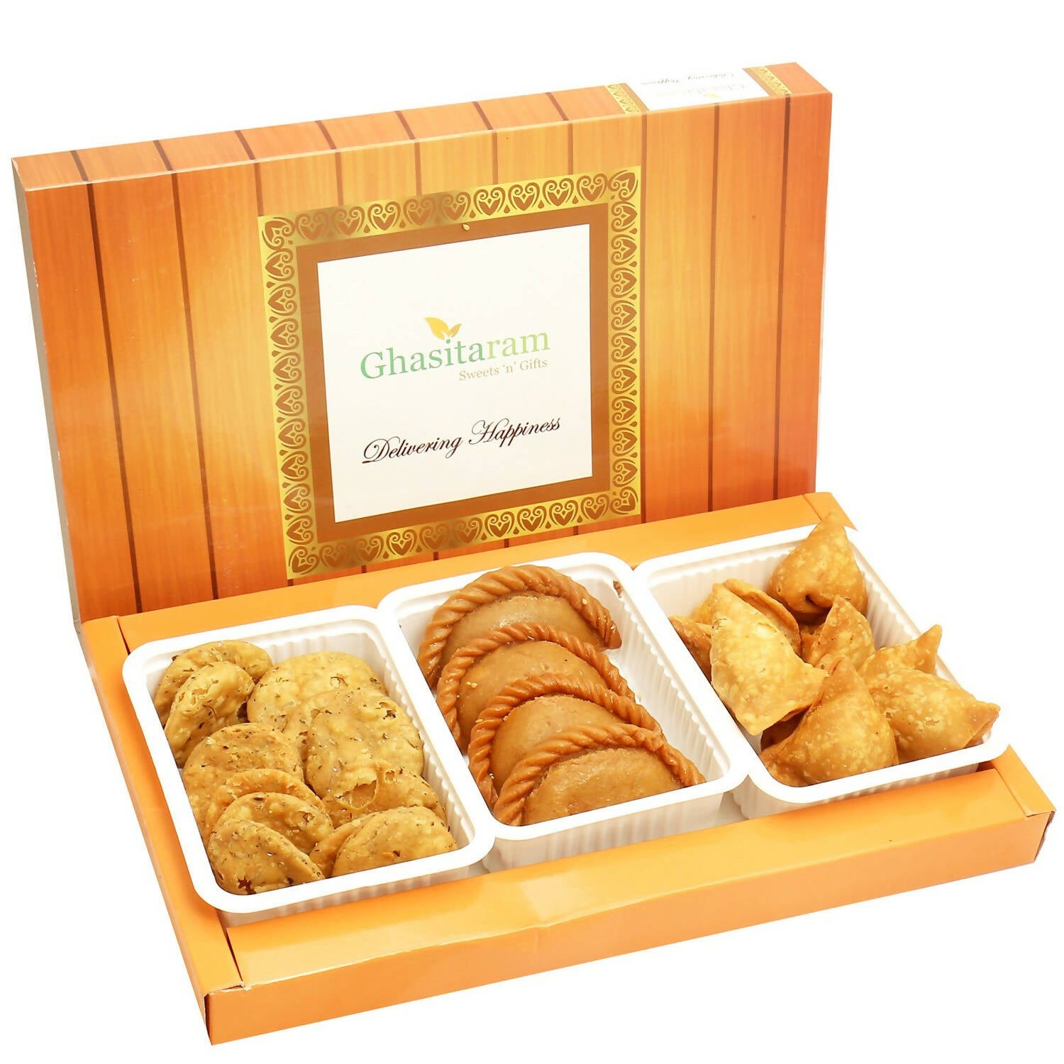 Ghasitaram Holi Hampers: Dry Sweet Gujiyas, Farsan Samosas and Methi Mathi Hamper - Distacart