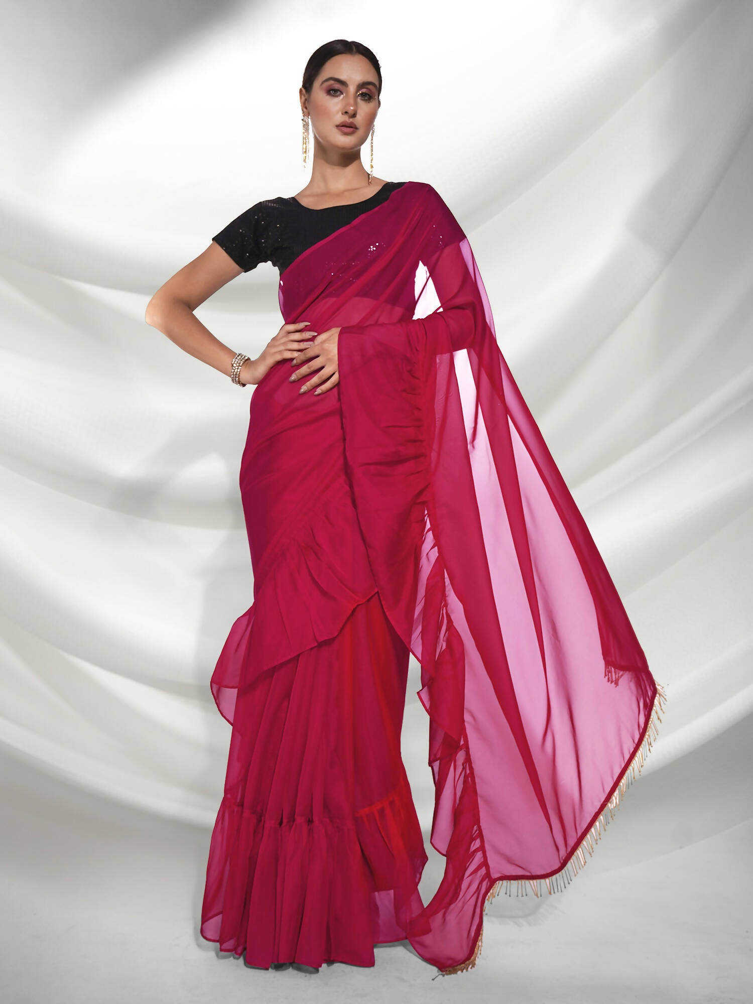 Pink Organza Solid Saree With Unstitched Blouse Piece - Shanaya - Distacart