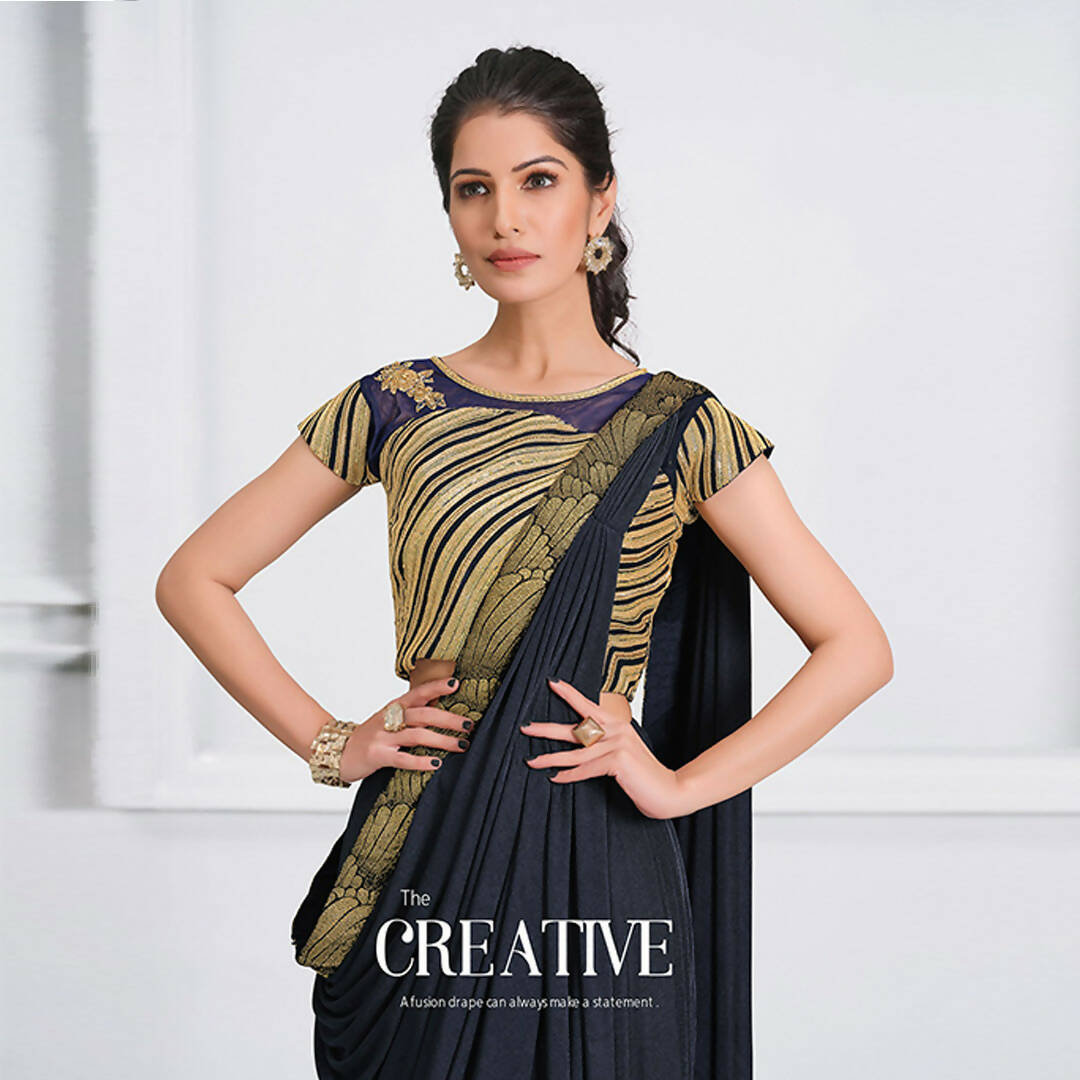 Navy Blue Lycra Cord And Sequins Embriodery Saree - Mohmanthan Izzara - Distacart