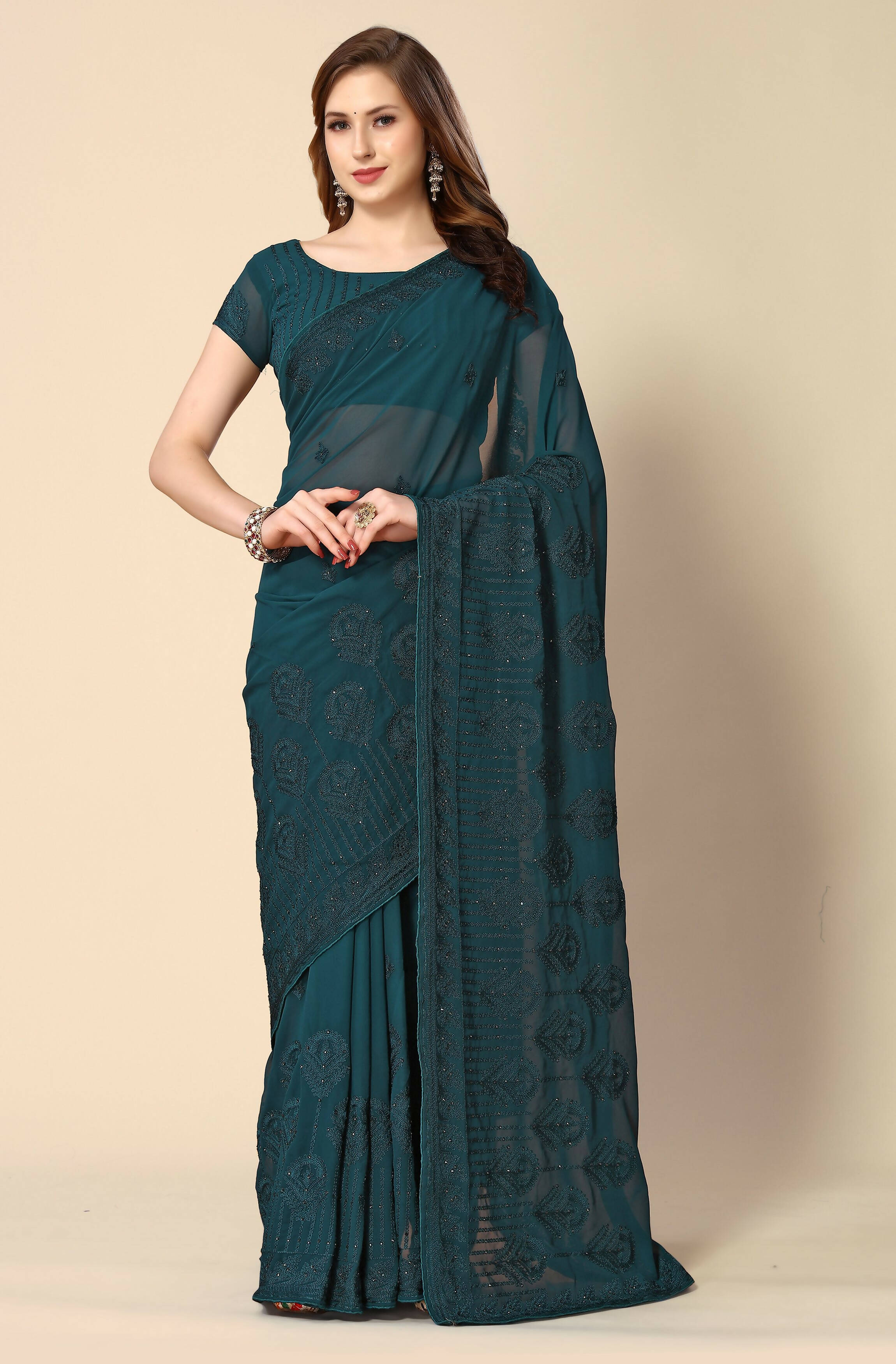 Teal Georgette Embroidered and Stone Work Saree with Unstitched Blouse Piece - Roozal - Distacart