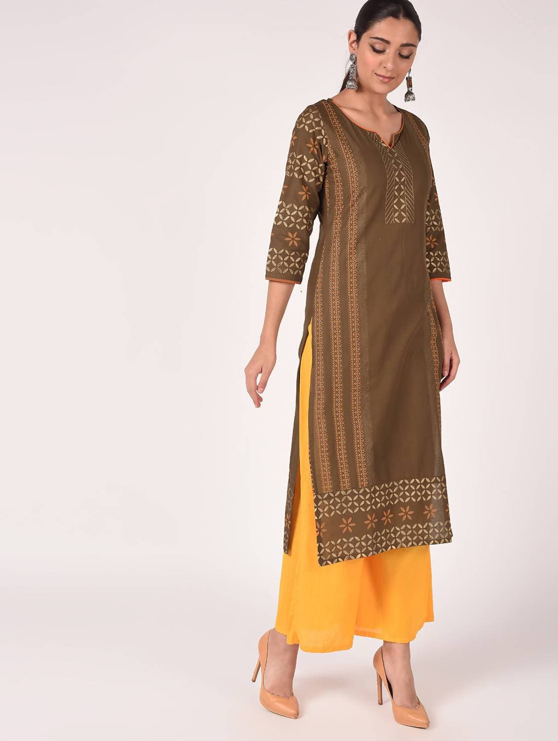 Cheera Hand Block Print Earth Brown Straight Kurta (MAAI-060K)