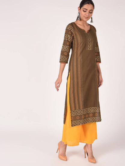 Cheera Hand Block Print Earth Brown Straight Kurta (MAAI-060K)