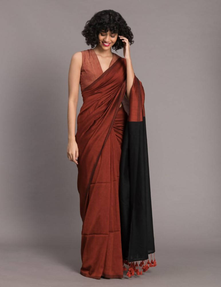 Suta Rust Brown Black Cotton Blend Colourblocked Saree - Distacart