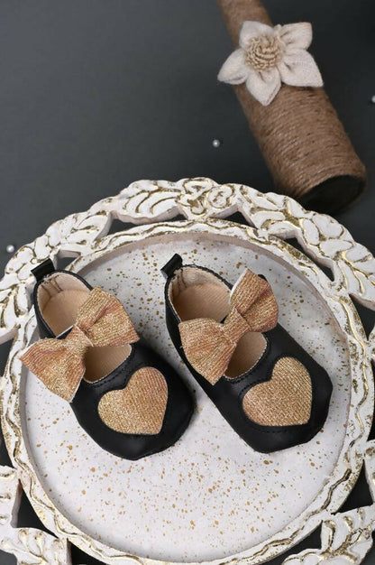 Tiny Bugs Girls Heart Bow Detailing Booties - Black & Gold - Distacart