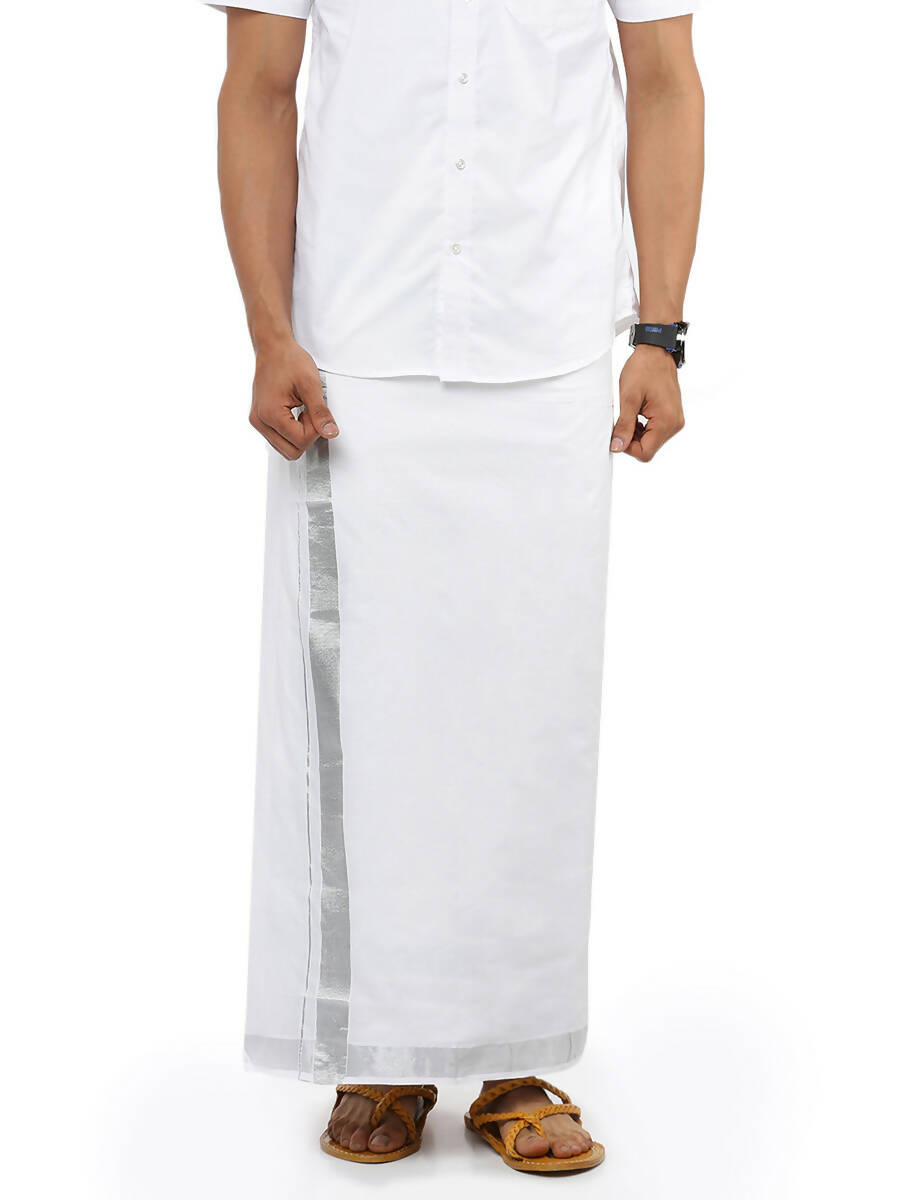Ramraj Cotton Mens Pure Cotton 1 1 / 2 " Silver Jari Dhoti - White - Distacart