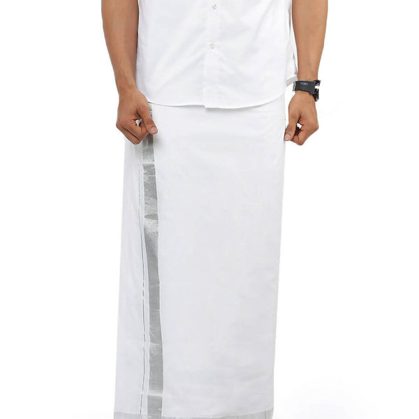 Ramraj Cotton Mens Pure Cotton 1 1 / 2 " Silver Jari Dhoti - White - Distacart