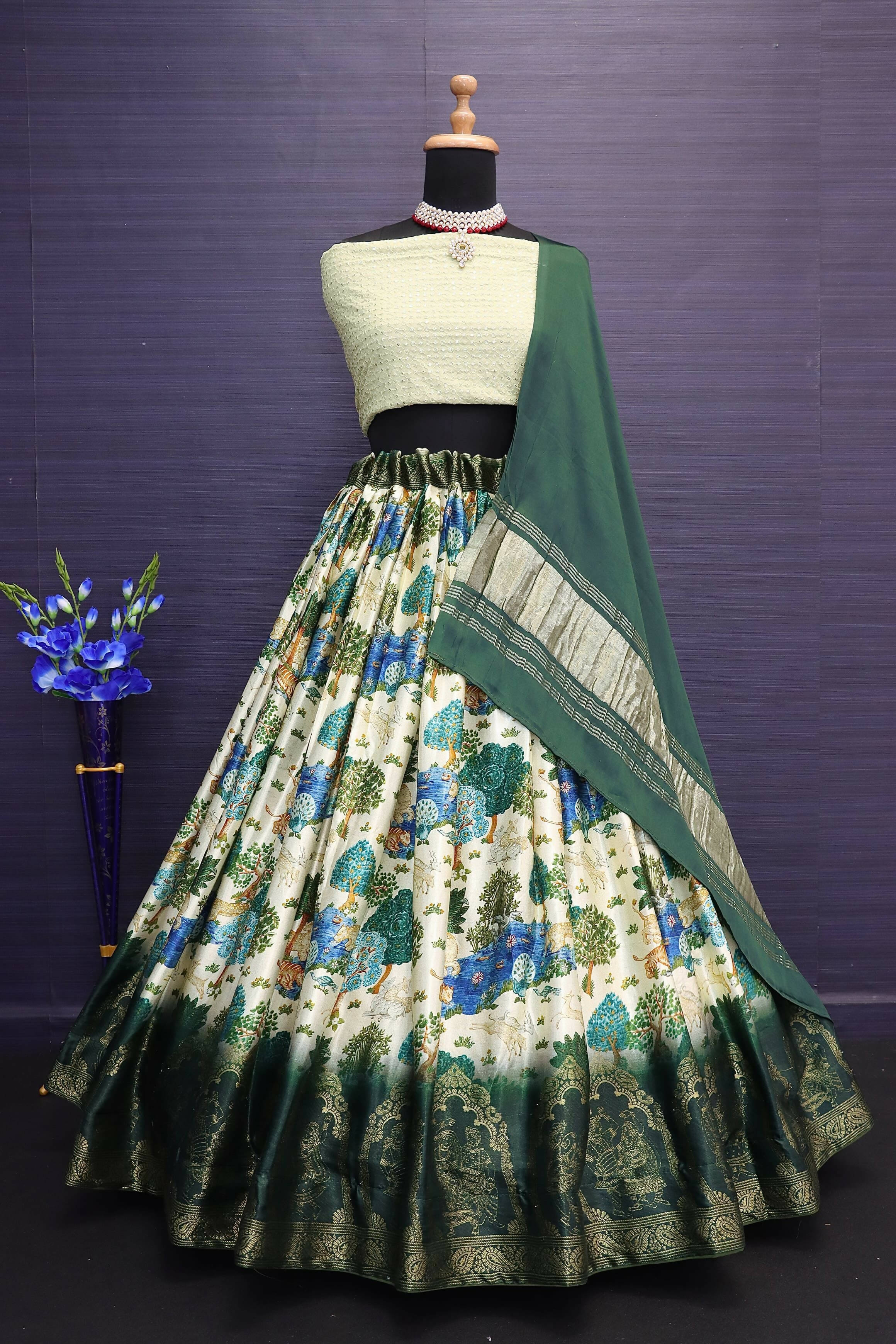 DEIANA'S Beautiful Gaji Silk Printed With Heavy Zari Lehengha Choli - Cream - Distacart