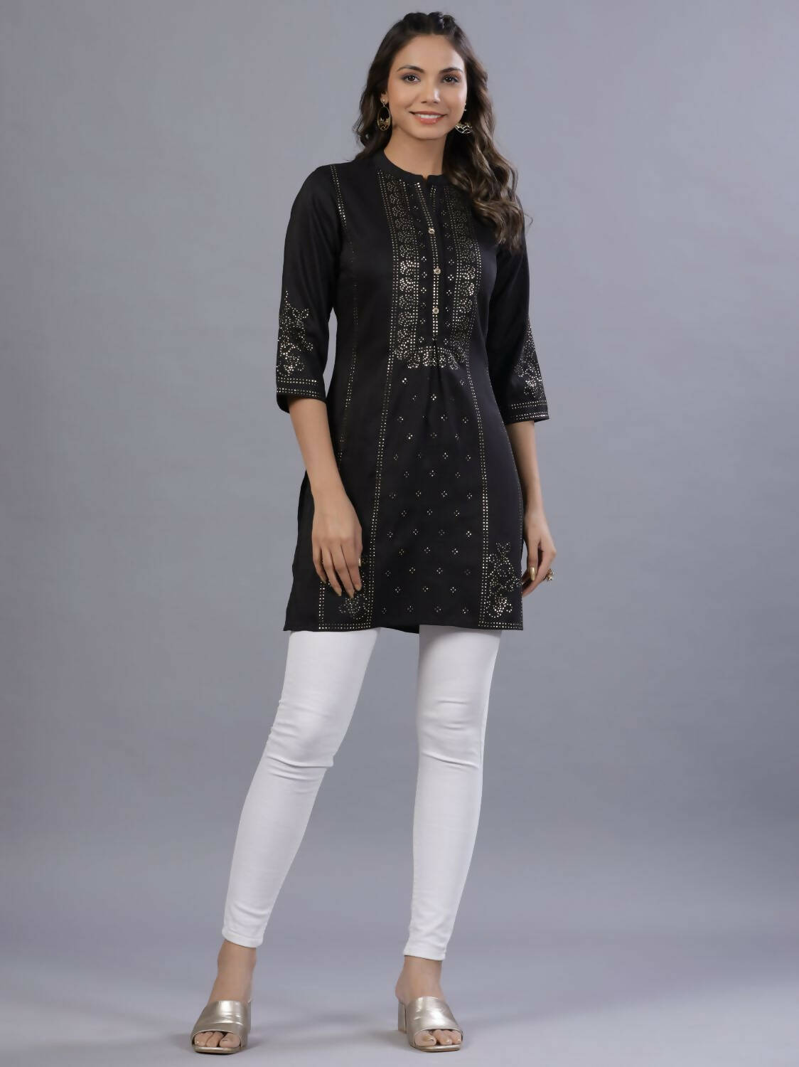 Juniper Women Black Chinon Silk Mukesh Work Straight Tunic - Distacart