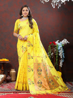 Thumbnail for Lorenvalley Fashion Yellow Soft Paithani Silk Woven Design Copper Zari Meenakari Weaving Saree - Distacart