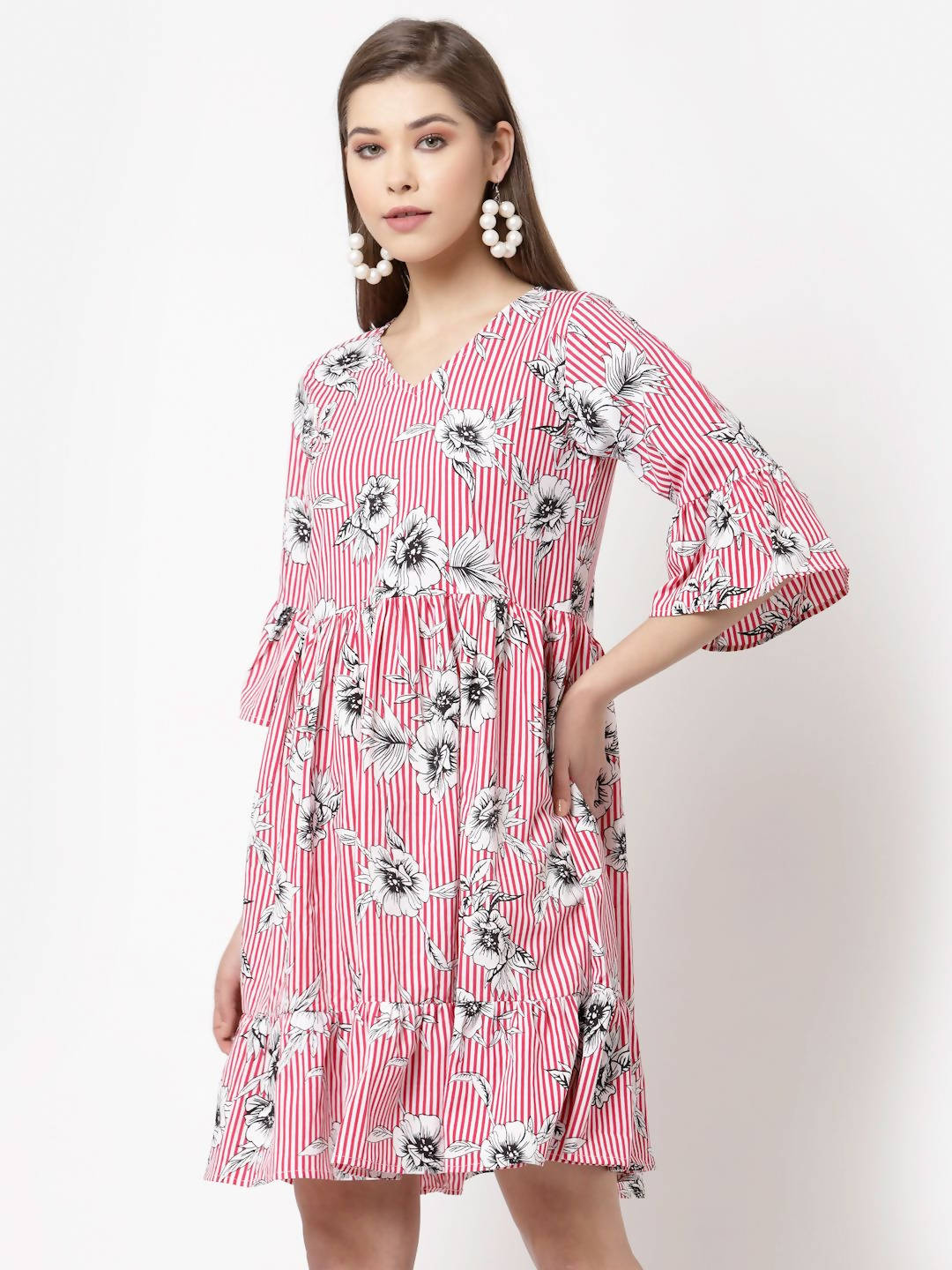 Myshka Women's Pink Poly Crepe Printed Bell Sleeve Round Neck Dress