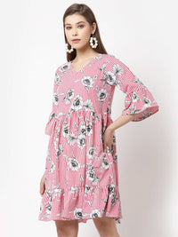 Thumbnail for Myshka Women's Pink Poly Crepe Printed Bell Sleeve Round Neck Dress