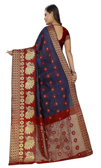 Thumbnail for Vamika Banarasi Cotton Silk Navy Blue & Red Weaving Saree