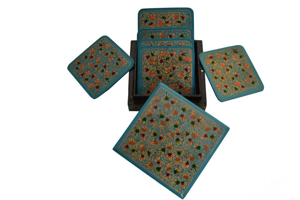 Nizalia Chinar Leaf Embossed Blue Paper Mache Square Coasters