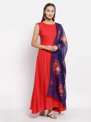 Myshka Women's Red Cotton Solid Sleeveless Round Neck Casual Kurta Dupatta Set