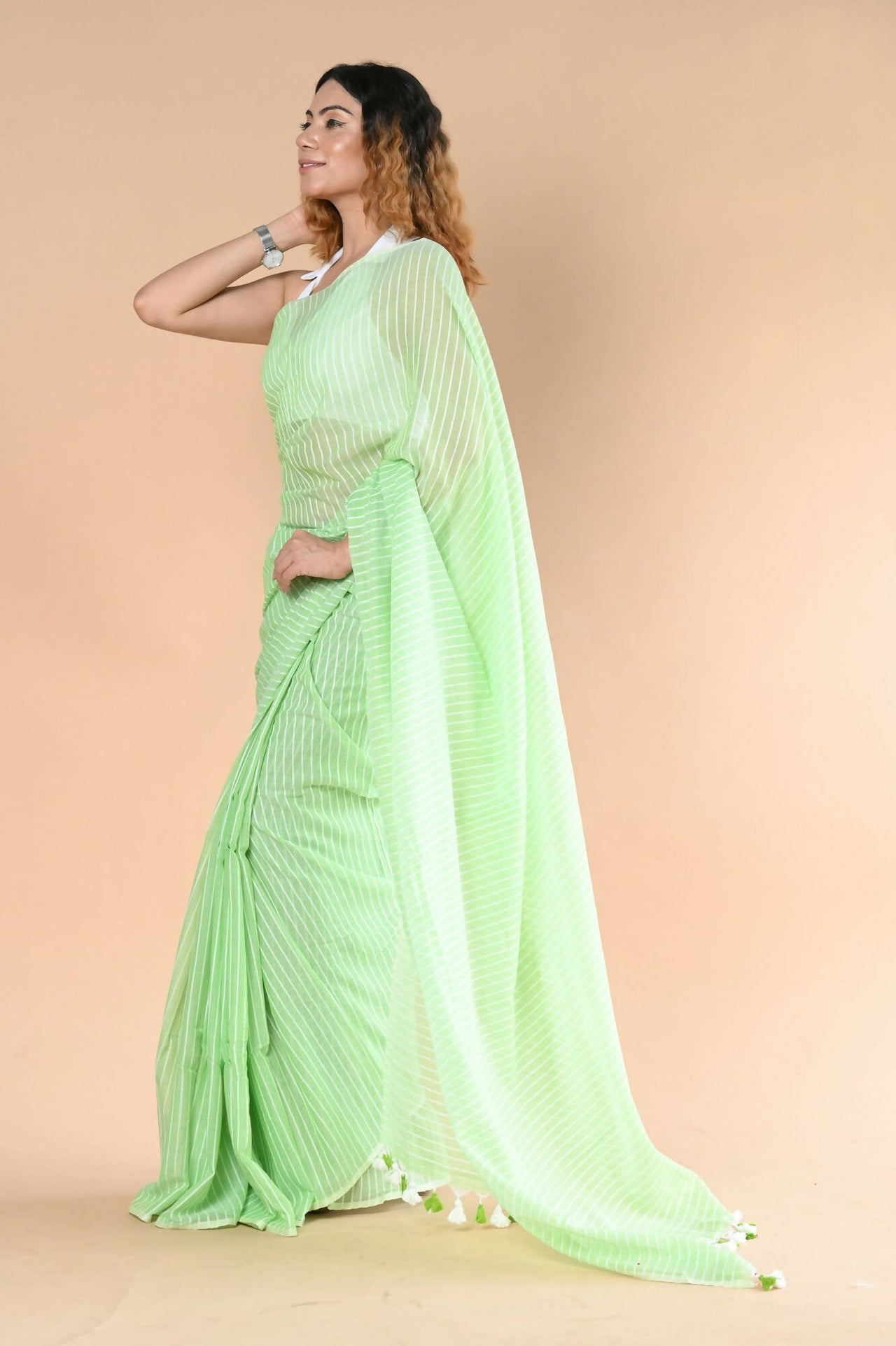 Very Much Indian Designer Pure Cotton Saree With All Over Linear Stripes - Fern Green - Distacart