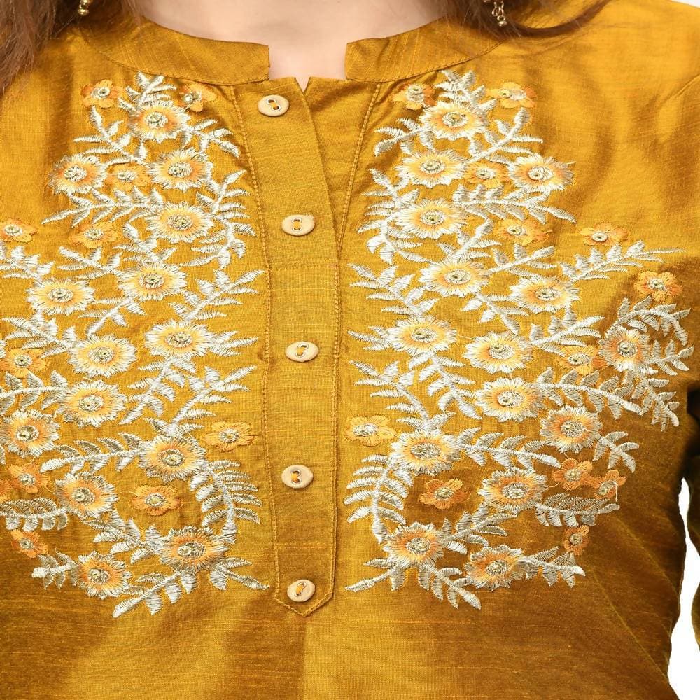 Lagi Women's Mustard Poly silk Straight Embroidred Kurta Pant (RO116C)