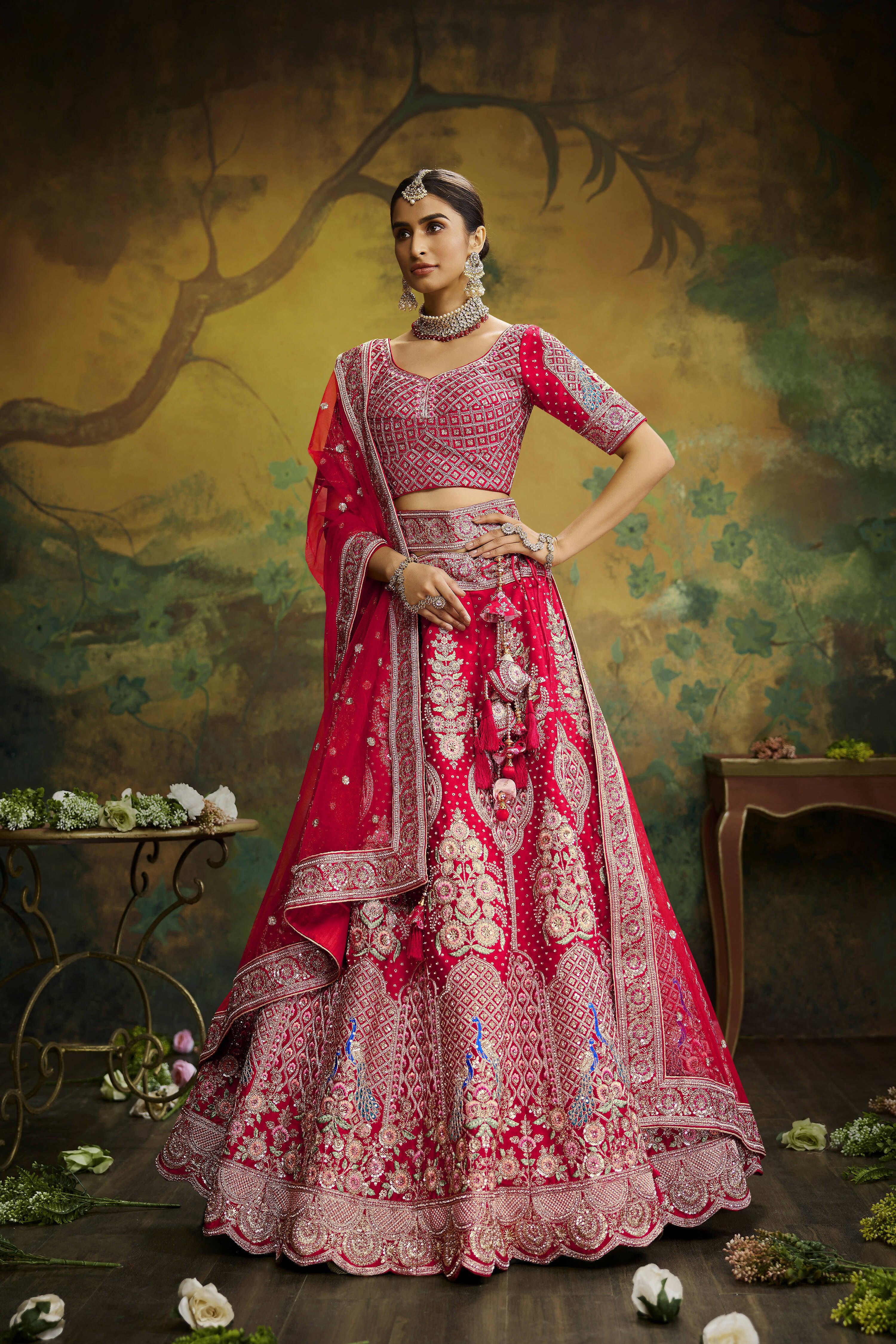 House of Panchhi Red Pure Silk Moti & Zarkan heavy embroidery Lehenga choli & Dupatta - Distacart