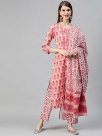Thumbnail for Ahika Women Pink & Off-White Floral Printed Pure Cotton Kurta with Trousers & Dupatta - Distacart