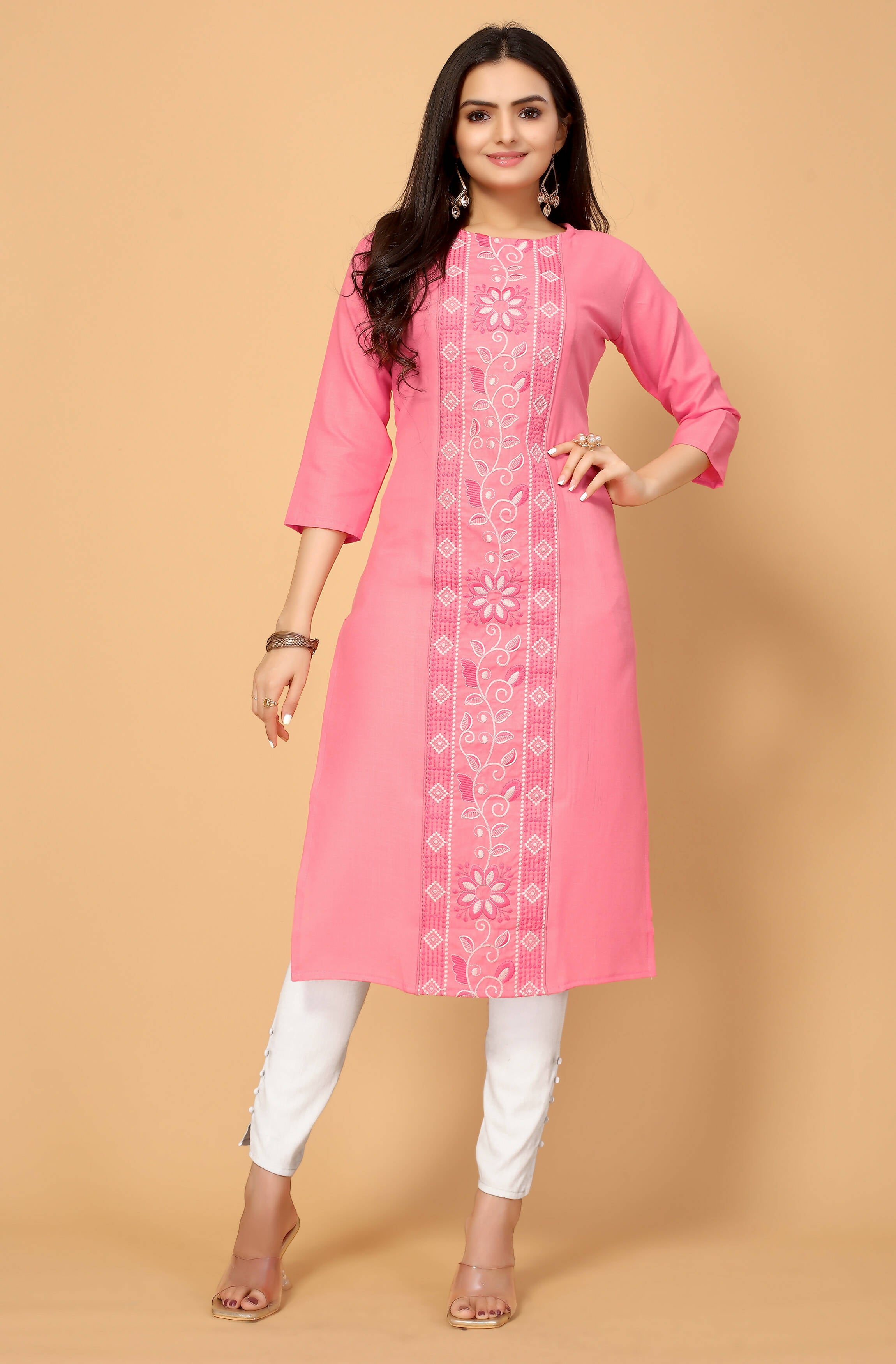 Light Pink Cottan Slub Embroidery Kurti - Umi - Distacart