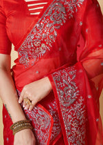 Thumbnail for Vamsee Red Organza Saree - Distacart