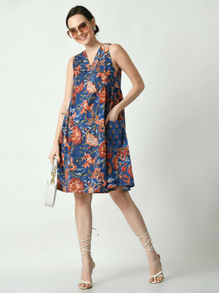 Myshka Women's Blue Floral Printed A-Line Dress - Distacart