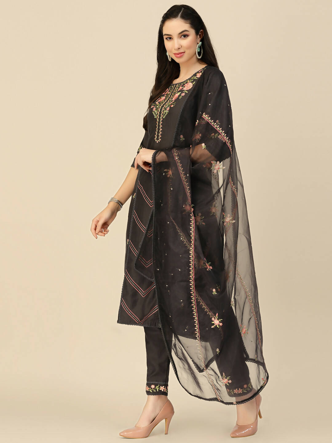 Black Embroidered Chinon Straight Kurta With Trouser & Dupatta - Salimar - Distacart