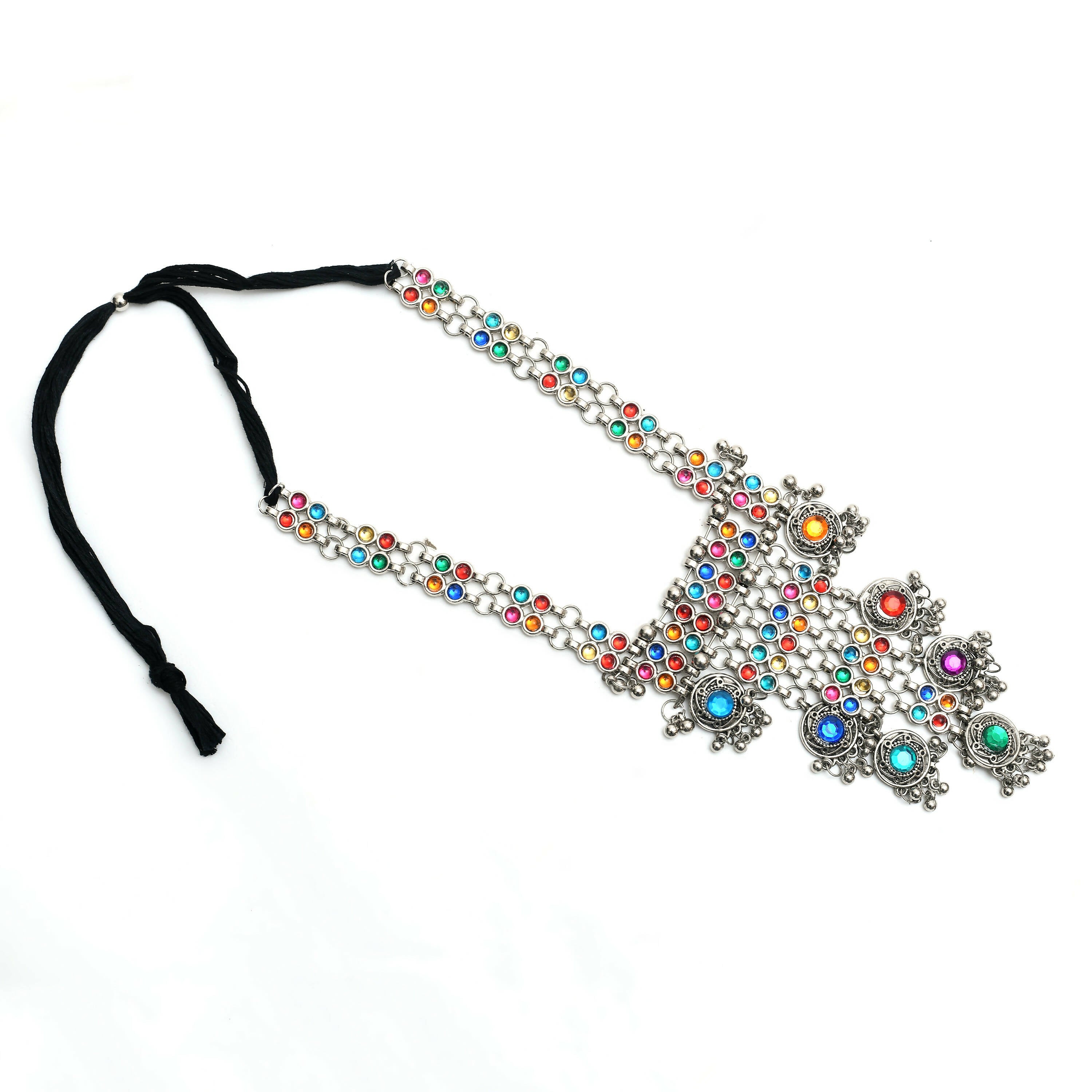 Mominos Fashion Johar Kamal Oxidised Silver-Plated Brass Finish Multi Kundan Afghani Long Necklace For Women - Distacart