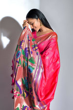 Thumbnail for Vishnu Weaves Women's Rani Pink Paithani Silk Zari Woven Saree with Unstitched Blouse - Distacart