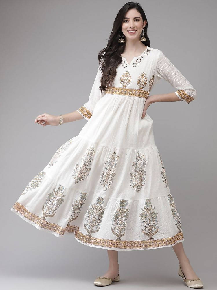 Yufta White Ethnic Printed Flared Dress