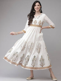 Thumbnail for Yufta White Ethnic Printed Flared Dress