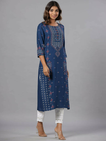 Juniper Women Navy Blue Printed Straight Kurta - Distacart