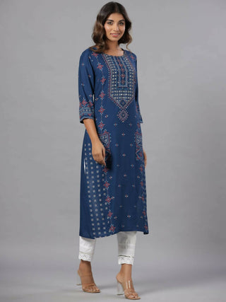 Juniper Women Navy Blue Printed Straight Kurta - Distacart
