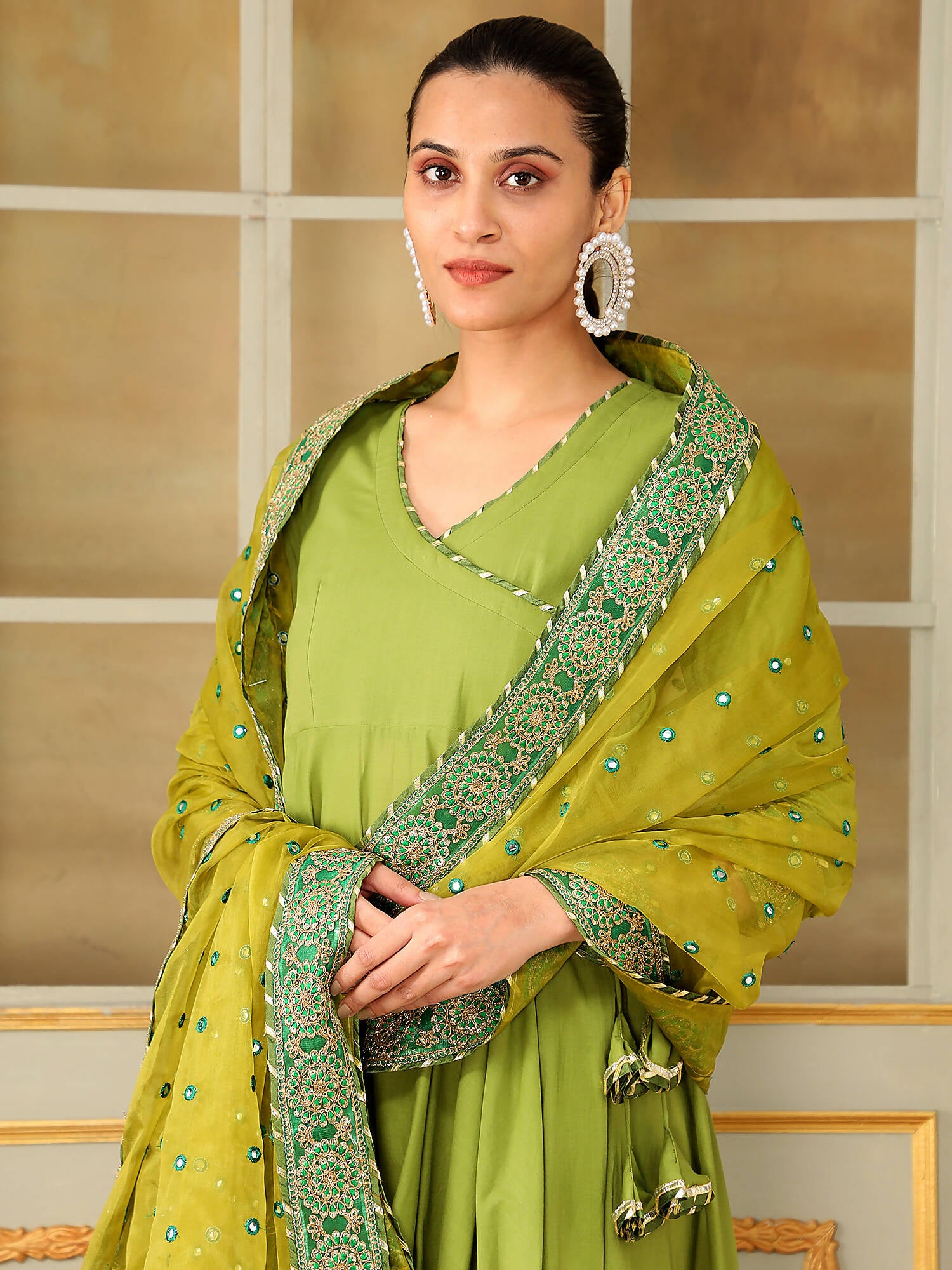 Pomcha Jaipur Green Saadgi Mehendi Green Mirror Work Angrakha Set - Distacart
