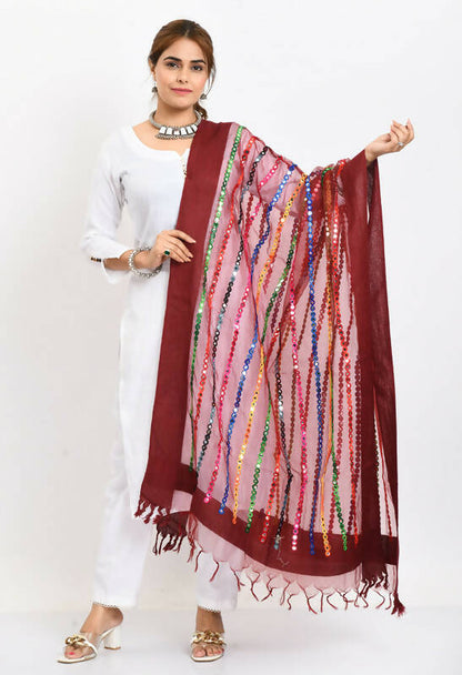 Mominos Fashion Moeza Women's Orgenza Multi Thread Mirror Work Maroon Dupatta - Distacart