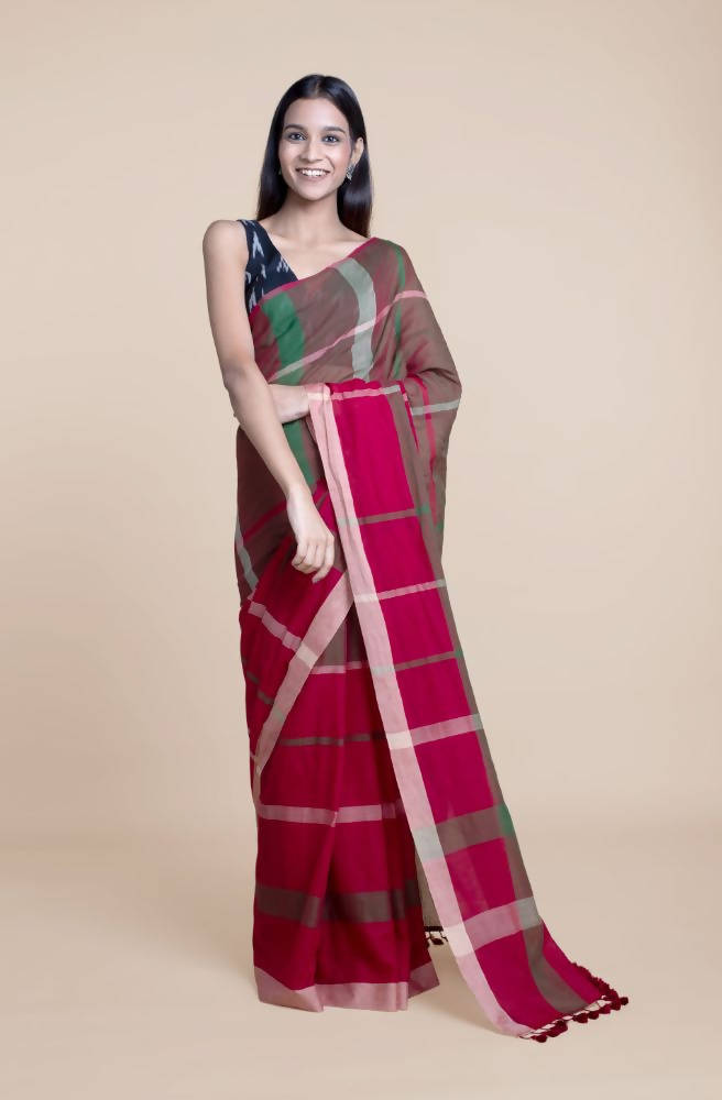 Suta Women Maroon Green Pure Handloom Cotton Saree - Distacart