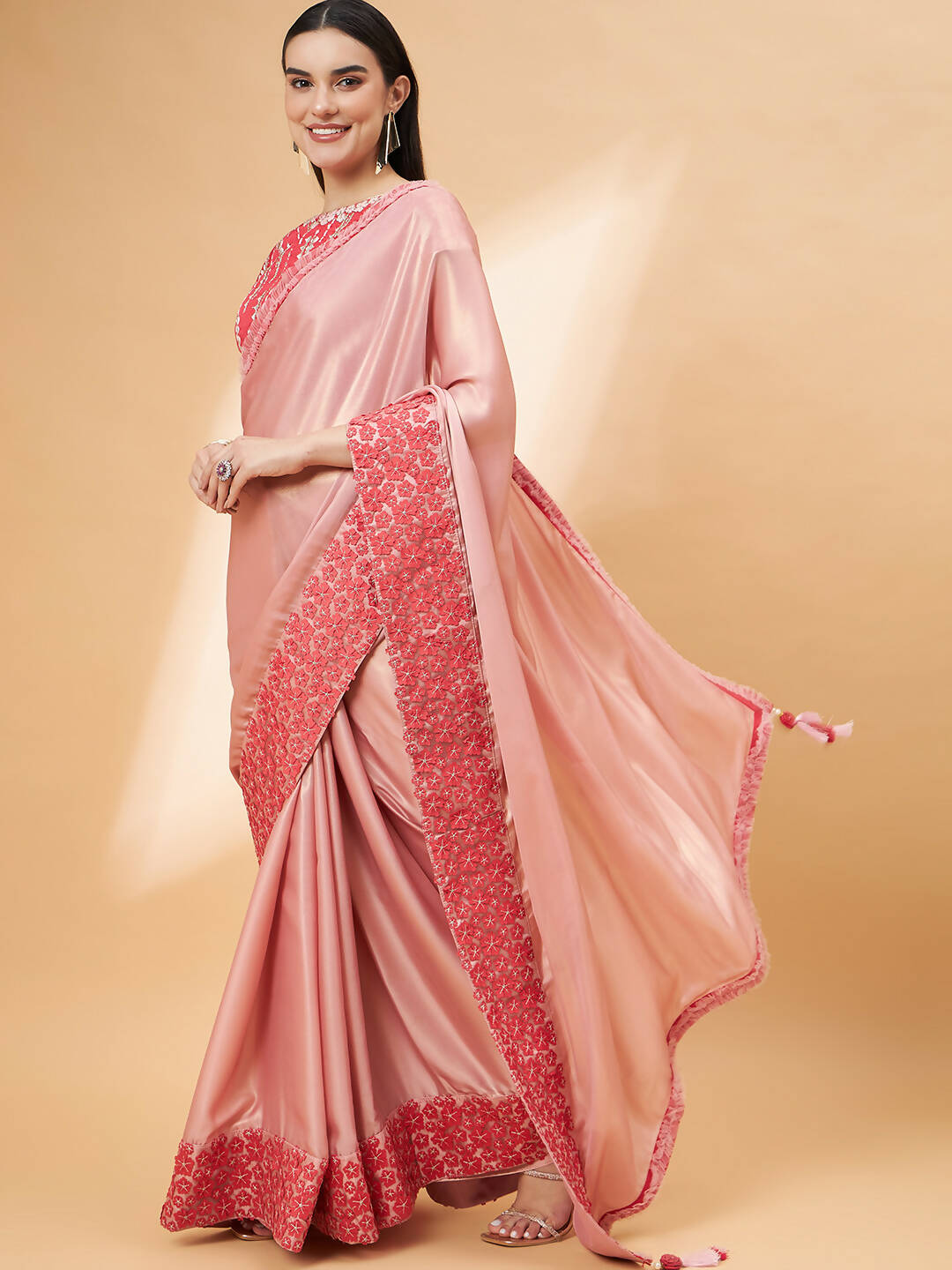 Light Pink Satin Georgette Laser Cut Floral Embroidery , Resham, Zari And Cord Embroidery Saree - Norita Hit Design - Distacart