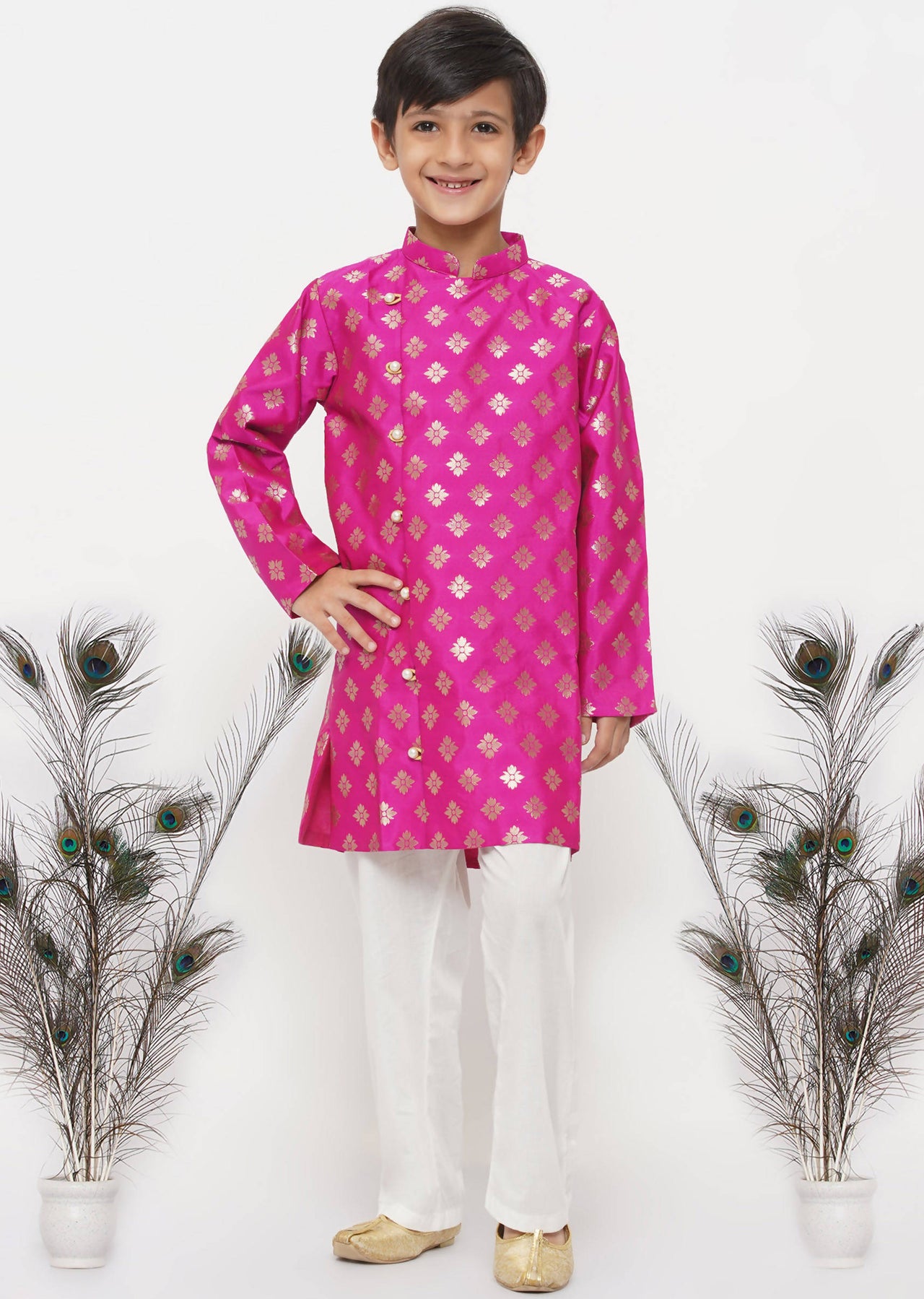 Little Bansi Banarsi Silk Sherwani & Pyjama - Magenta & Cream - Distacart