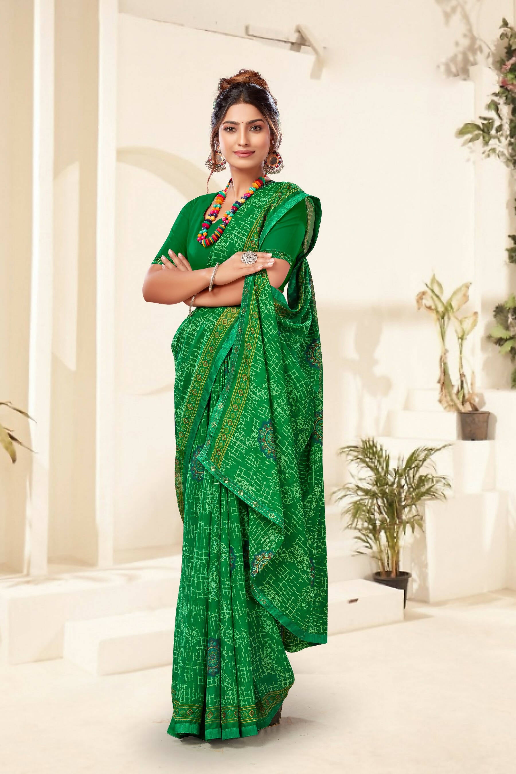 Green Georgette Texture Printed Saree with Unstitched Blouse Piece - Akansha - Distacart