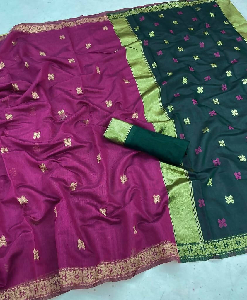 DEIANA'S Beautiful Golden Jari with New Design Soft Cotton Saree - Wine - Distacart